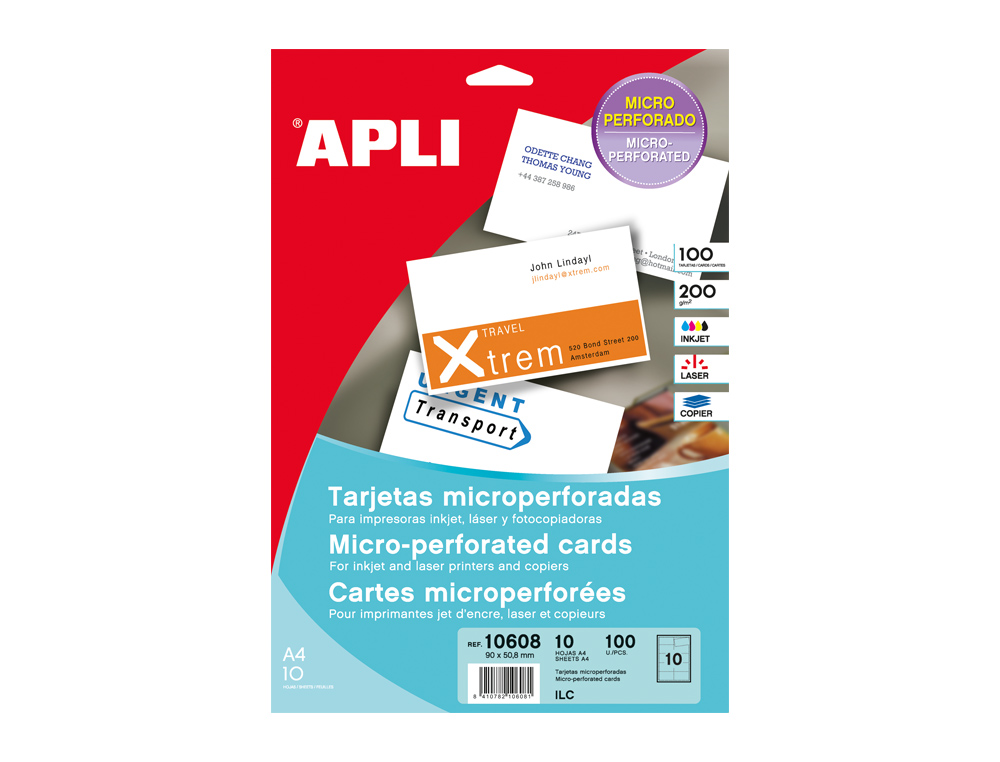 TARJETA DE VISITA APLI MICROPERFORADA 200GR ACABADO MATE 90X50,8MM IMPRESORA INK-JET Y LASER