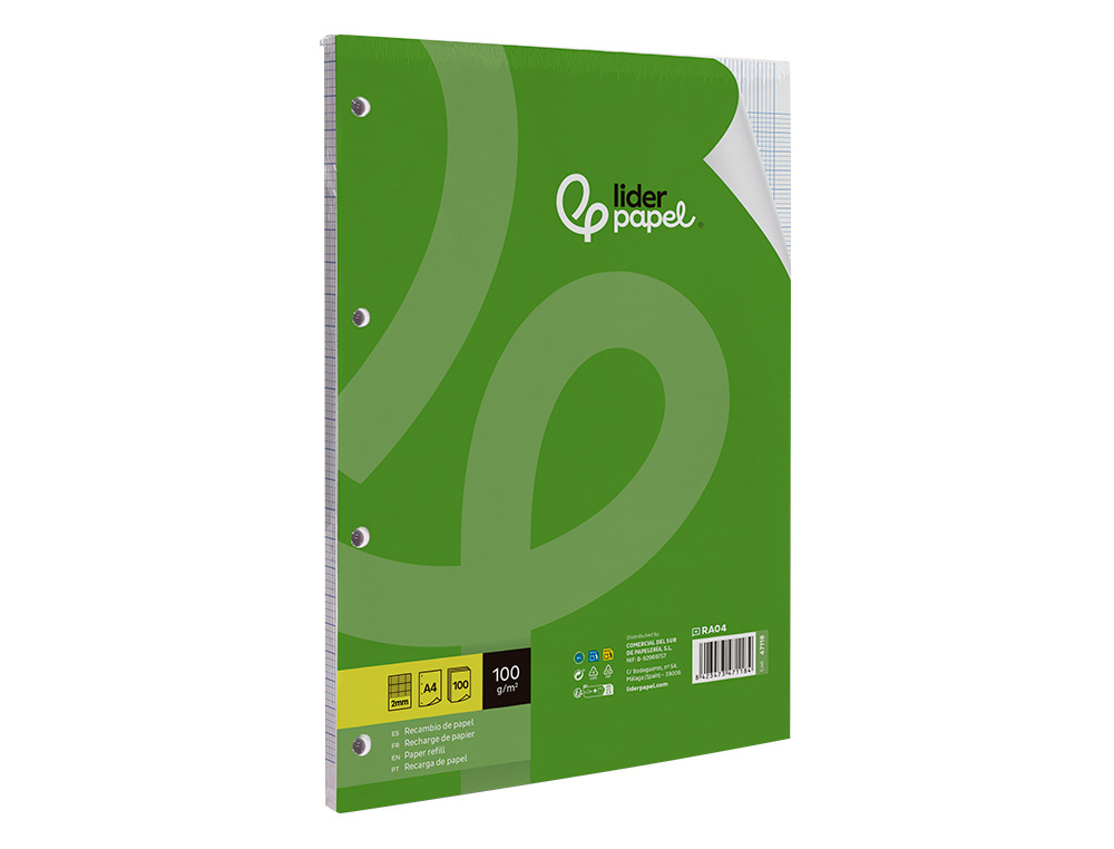RECAMBIO LIDERPAPEL A4 100 HOJAS 100G/M2 MILIMETRADO 2MM SIN MARGEN 4 TALADROS