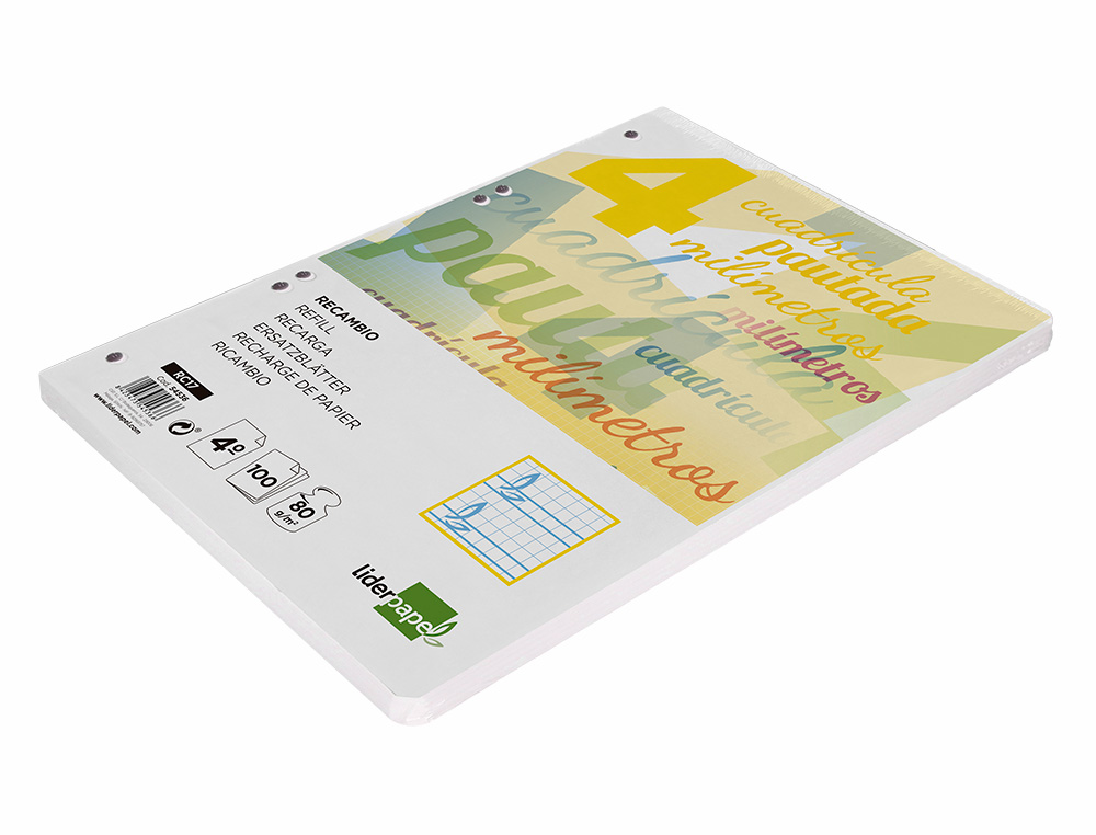 RECAMBIO LIDERPAPEL CUARTO PAUTAGUIA 100 HOJAS 75 G CUADRICULADO PAUTADO 4MM CON MARGEN 6 TALADROS