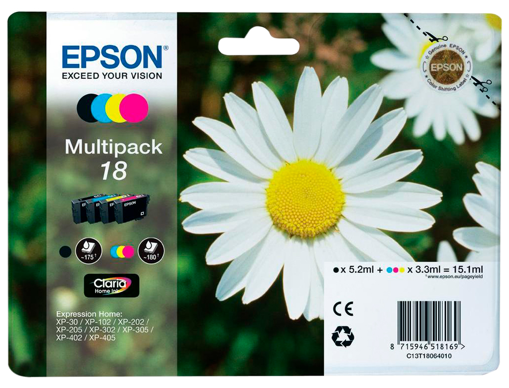 INK-JET EPSON MULTIPACK T18 NEGRO AMARILLO CYAN Y MAGENTA XP-102 PX-202 PX-205XP-305 XP-405