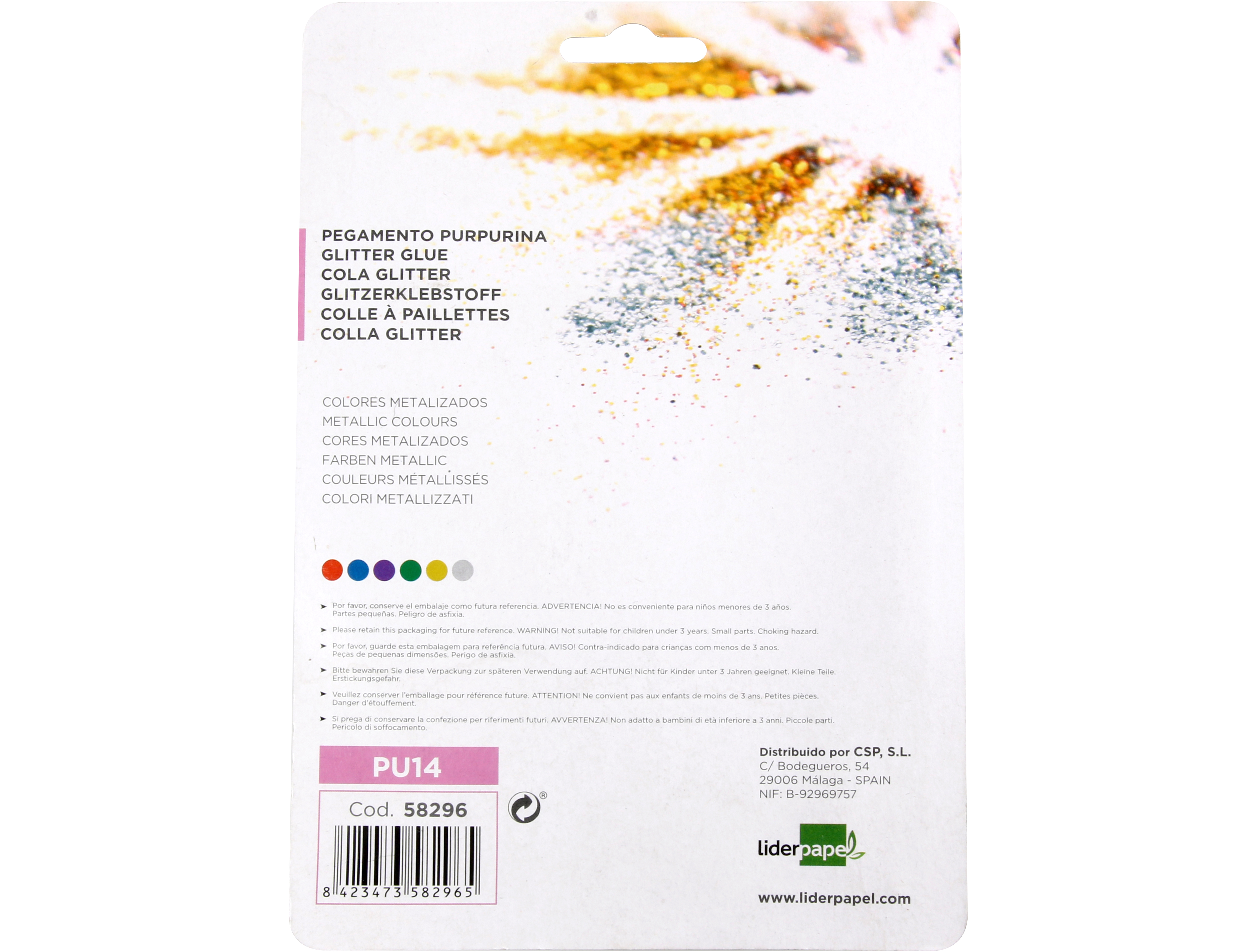 PURPURINA PEGAMENTO LIDERPAPEL FANTASIA COLORES METALICOS BLISTER DE 6 UNIDADES DE 10 GR