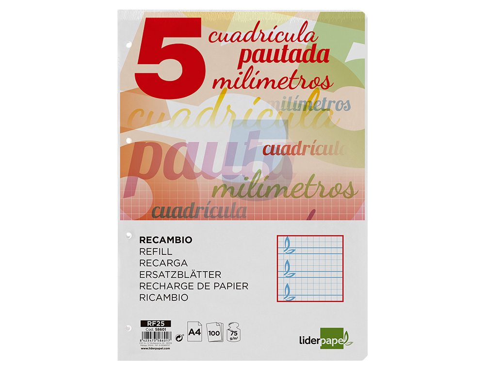RECAMBIO LIDERPAPEL A4 PAUTAGUIA 100 HOJAS 75 G CUADRICULADO PAUTADO 5MM CON MARGEN 4 TALADROS