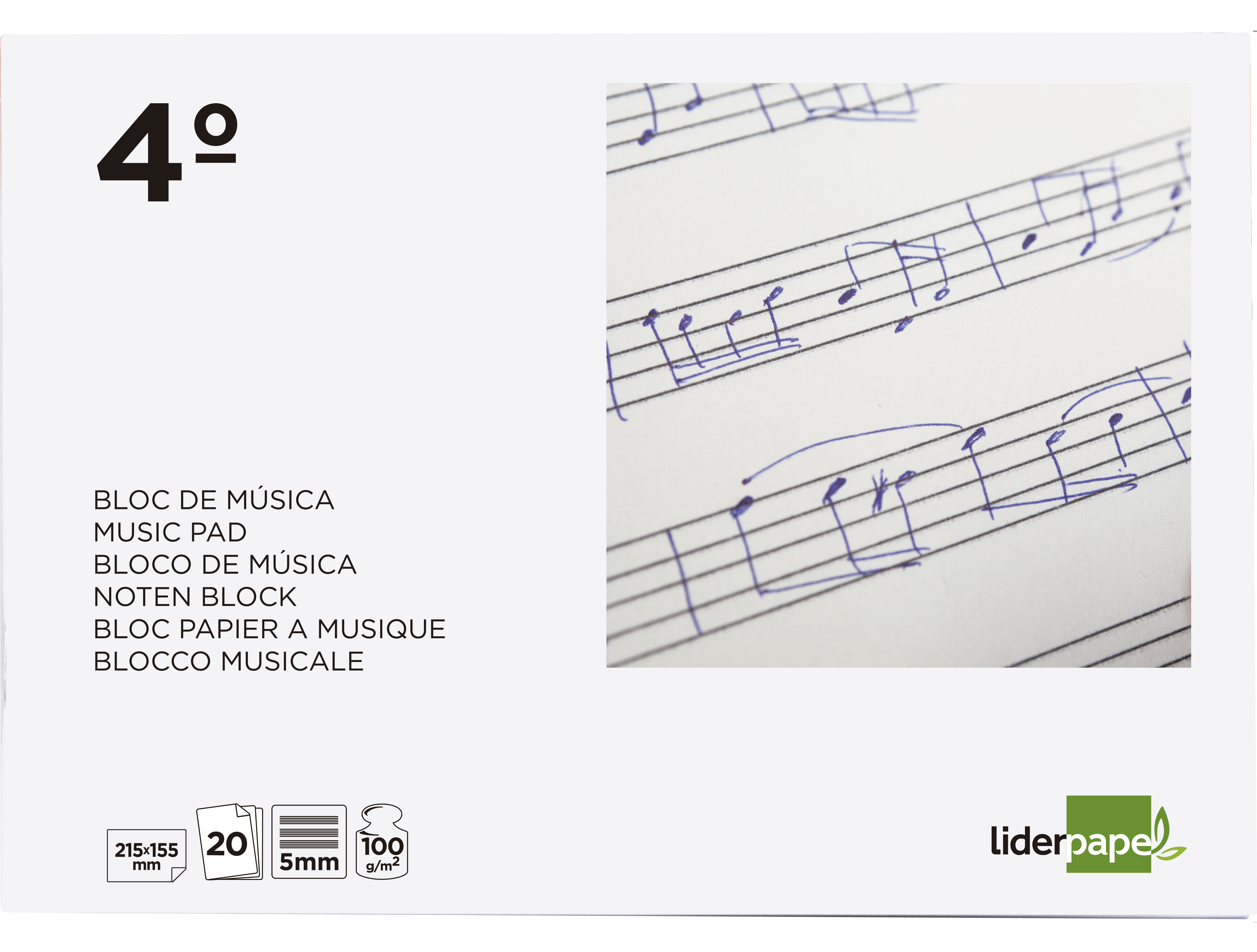 BLOC MUSICA LIDERPAPEL PENTAGRAMA 5MM CUARTO 20 HOJAS 100G/M2 GRAPADO