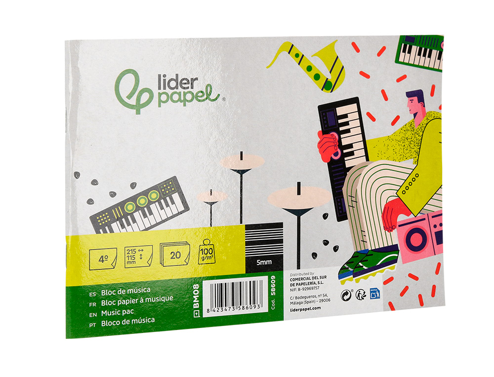 BLOC MUSICA LIDERPAPEL PENTAGRAMA 5MM CUARTO 20 HOJAS 100G/M2 GRAPADO
