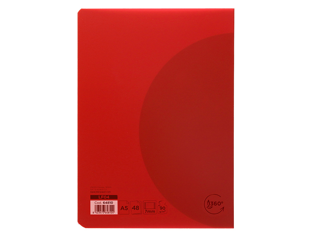 LIBRETA LIDERPAPEL 360 TAPA DE PLASTICO A5 48 HOJAS 90GR HORIZONTAL CON DOBLE MARGEN COLORES SURTIDOS
