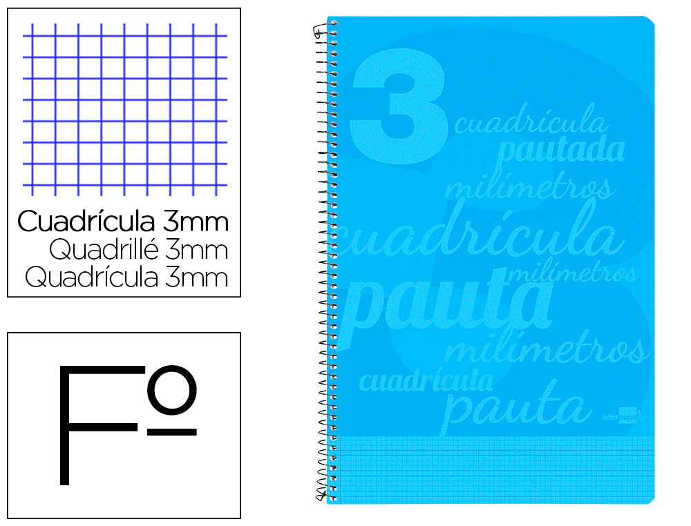 CUADERNO ESPIRAL LIDERPAPEL FOLIO PAUTAGUIA TAPA PLASTICO 80H 75GR CUADRO PAUTADO 3MM CON MARGEN COLOR AZUL