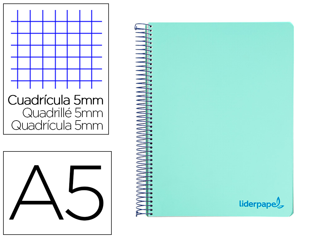 CUADERNO ESPIRAL LIDERPAPEL A5 MICRO WONDER TAPA PLASTICO 120H 90G CUADRO 5MM 5 BANDAS 6 TALADROS COLOR VERDE