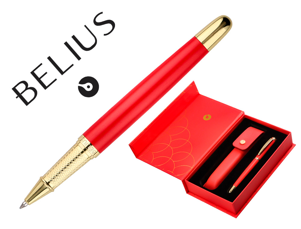 BOLIGRAFO Y ESTUCHE BELIUS PASSION DOR ALUMINIO TEXTURA CEPILLADA COLOR ROJO Y DORADO TINTA AZUL CAJA DE DISEO