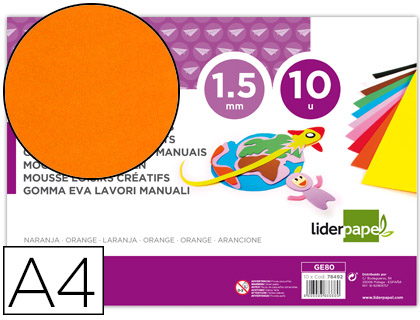 GOMA EVA LIDERPAPEL DIN A4 60G/M2 ESPESOR 1,5MM NARANJA PAQUETE DE 10 HOJAS