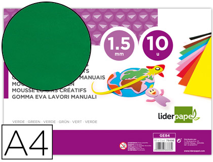 GOMA EVA LIDERPAPEL DIN A4 60G/M2 ESPESOR 1,5MM VERDE PAQUETE DE 10 HOJAS